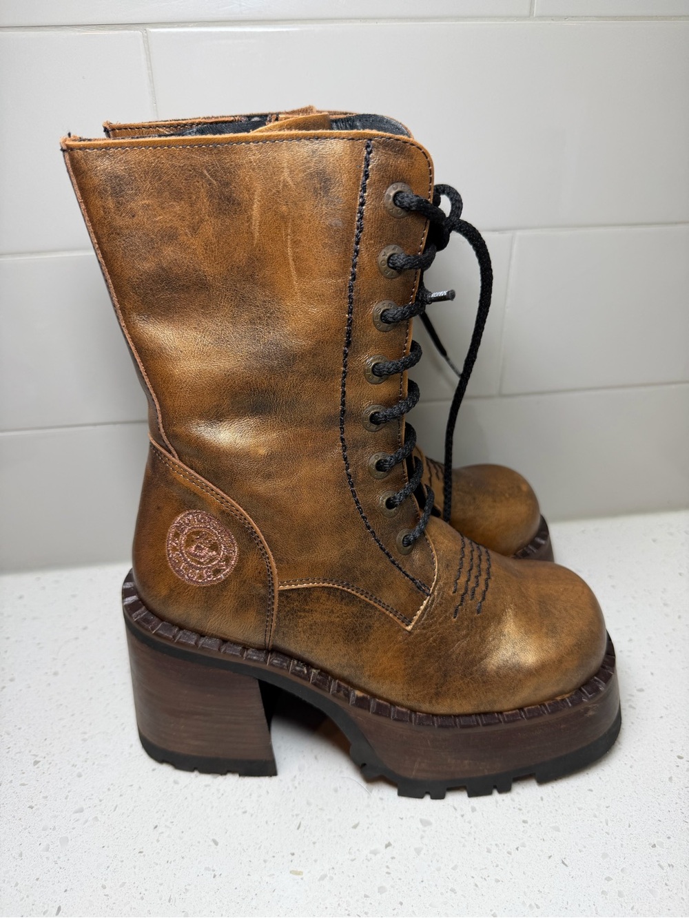 Destroy VINTAGE 90s Y2K Platform BOOTS leather size 36 6 028S Combat lace up